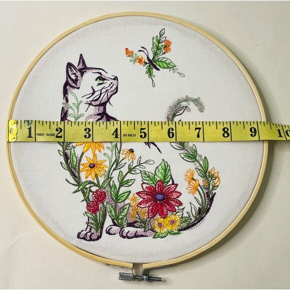 Cat Floral Butterfly Wall Art Embroidery Hoop Wood Frame 9.5" Handmade New - Picture 3 of 7
